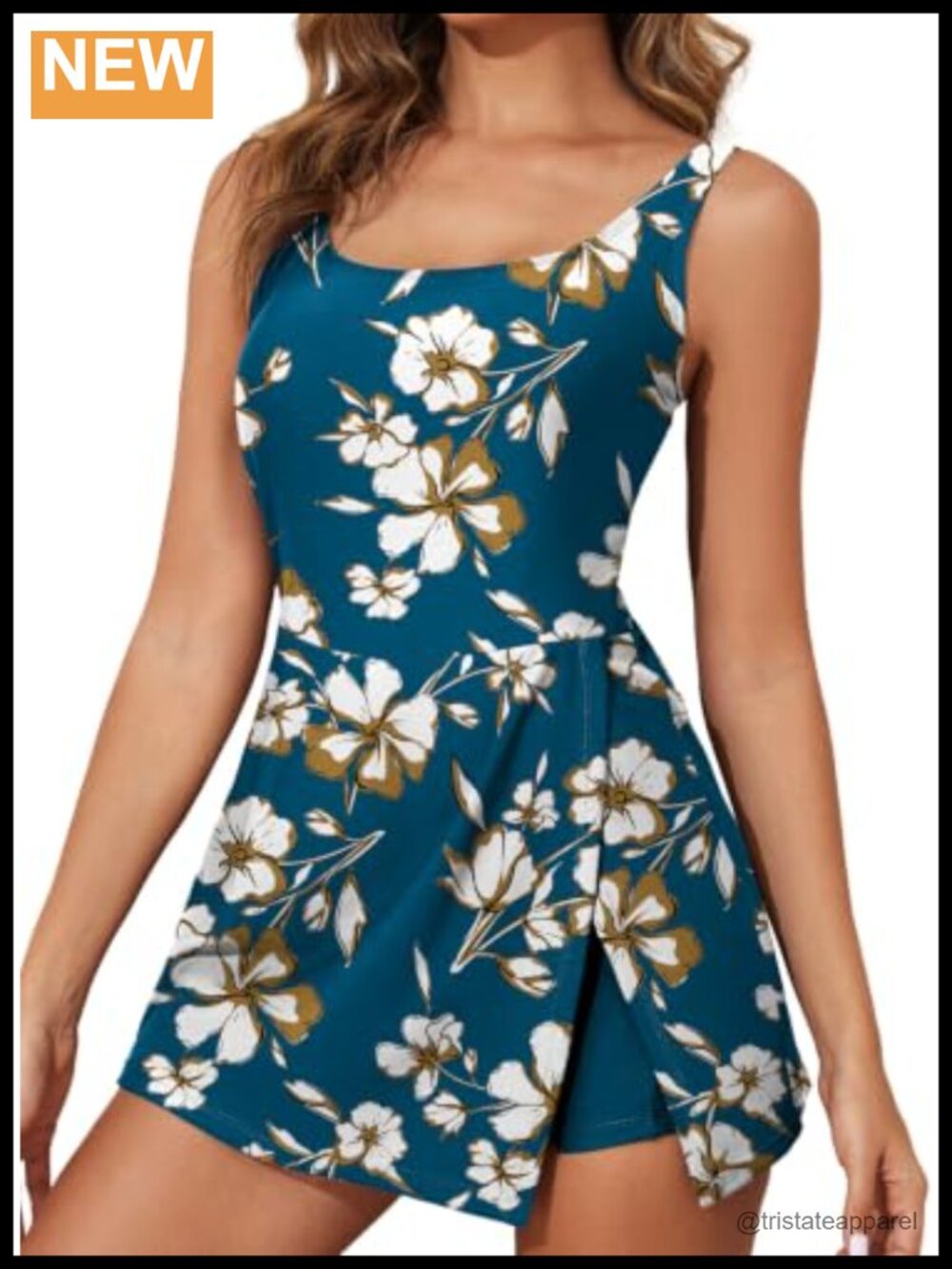 One Piece Swimdress Tummy Control Split Hem Built in Short Pockets Bathing Suit